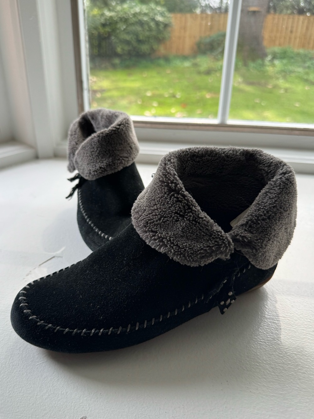 Sporto Black Suede Ankle Slippers with Gray Faux Shearling Lining and Cuff